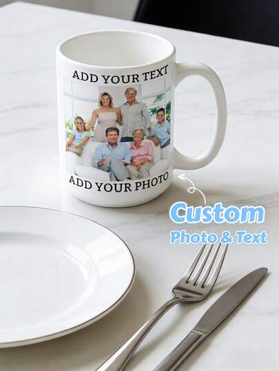 1Pc Personalized Family Photo Mug – Custom Image Upload & Text Ceramic Coffee Cup, DIY Design Double-Sided Printed Drinkware, Warm Family Keepsake Gift For Parents, Kids & Grandparents, Birthday, Christmas & Holiday Present, Home Office Use