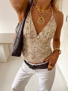 Summer Fashionable Sexy V-Neck Low-Cut Beaded Embroidery Design Spaghetti Strap Tie Strap Camisole For Women Casual Vacation - Champagne - View 6