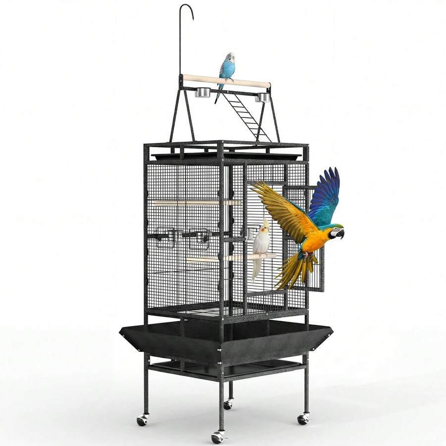 strundghti Parrot Cage, 82inch Rolling Bird Cage, Spacious Flight Bird Cage, With Feed Bowls, Playground And Rope Perch, For Parakeets, Cockatiels, Conures - màu đen - Xem 1