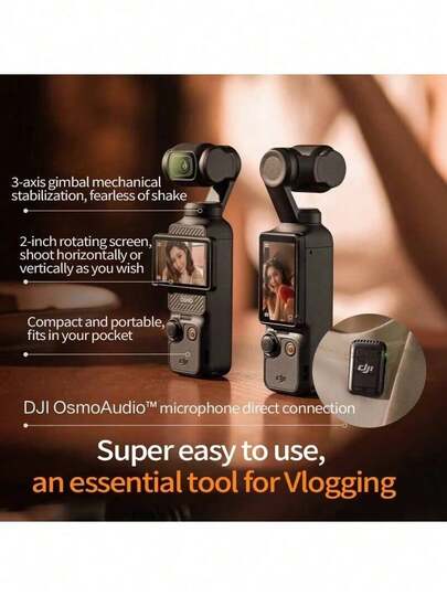 dji Osmo Pocket 3 口袋云台相机，1英寸CMOS传感器，支持4K 120fps视频拍摄，充电20分钟可拍摄2小时，配备2英寸触摸屏，是一款适用于YouTube的高清数码Vlog相机。