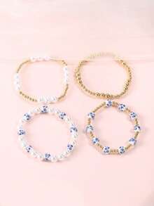 Gold Beaded Bracelet Fashion Women's Blue And White Porcelain Bead Bracelet Hand Ornaments - Multicolor - View 4