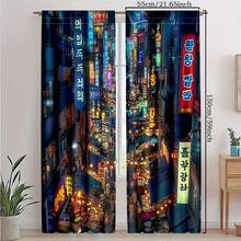 2pcs Vibrant Korean Street Scene Curtains - Contemporary Polyester, Machine Washable, Semi-Transparent With Rod Pocket Design For Bedroom & Various Rooms - 21.65x59/29.53x65.35/41.34x82.68/44.5x90.55 Inch, Curtains For Living Room - Nhiều màu - Xem 3