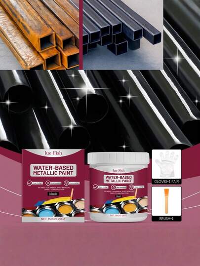 JUE FISH Black Water-Based Metallic Paint, Anti-Corrosion Coating Forming, Universal For Automotive, Iron Art, DIY Rust-Proof Paint Kit