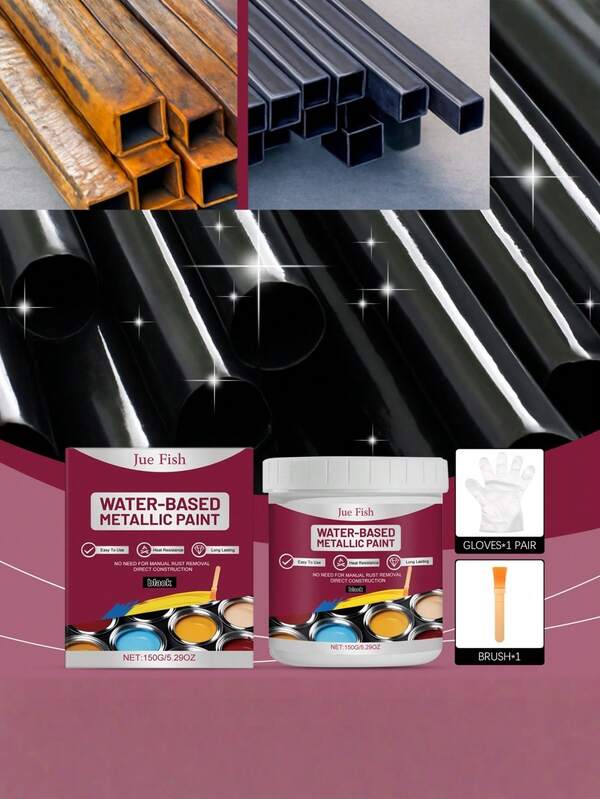 JUE FISH Black Water-Based Metallic Paint, Anti-Corrosion Coating Forming, Universal For Automotive, Iron Art, DIY Rust-Proof Paint Kit