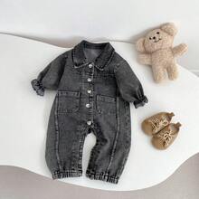 春秋季新款婴儿服装，男女宝宝宽松牛仔连体衣，翻领小熊刺绣长袖按扣牛仔连体衣 - 黑色 - 查看 2