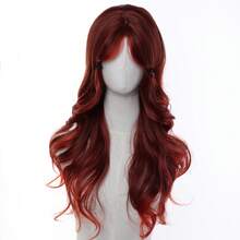 红橙色渐变长卷发假发，全头合成纤维假发，带刘海，中分大波浪，女士款 - 酒紅色 - 查看 13