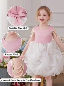 Young Girls Pearl Chain White Mesh Elegant Party Dress, Princess Dress, Pink Dress, Suitable For Girls Birthday Party, Prom, Wedding Flower Girl, Graduation, Casual Outings - Pink - View 4