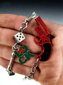 1pc Punk Style Metal Dice, Bone, Handgun, Clover Multi-Layer Waist Belt/Pants Chain, Dice Bone Pants Chain, Handgun Pendant Pants Chain, Personalized Letter Pendant, Multi-Layer Metal Pants Chain, Punk Style, Streetwear, High Street, Metal Chain, Bag Chain, Hip-Hop Accessory, Street Style Accessory, Bag Accessory, Keychain, Fashion Jewelry, Unisex, Retro, Industrial, Personalized Gift/Birthday Gift/St. Patrick's Day Gift - Dice Bone Pistol Single Chain - View 6