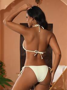 Nuevo conjunto de traje de baño con copa blanda, tirantes de espagueti, espalda abierta y decoración de concha - Crema - Ver 2