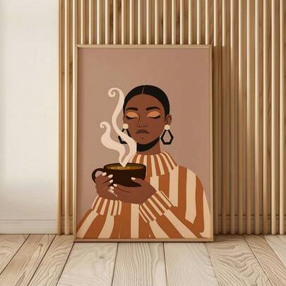1pc Modern African American Woman Wall Art Picture With Coffee Cup Prints Canvas Paintings Striped Poster Minimalist Boho Decor For Living Room Bedroom Dorm Office Decor Gift For Coffee Lovers Unframed Or Framed