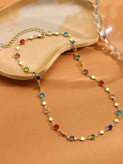 1件装多色宝石长项链，时尚百搭的女士项链，适合派对、海滩、度假、日常休闲佩戴