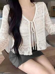 新款春夏休闲镂空针织开衫，优雅度假风 - 乳白色 - 查看 1