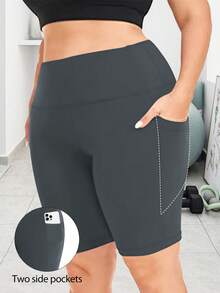Quần yoga cỡ lớn có túi hình lưỡi liềm, quần short đạp xe co giãn mềm mại, quần short Bermuda mặc hàng ngày cho nữ chơi thể thao mùa hè. - Màu xám đen - Xem 4