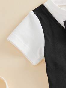Baby Boy Gentleman Outfit Fake Two Pieces Waistcoat Short Sleeve Romper Solid Shorts 2Pcs Set - Negro - Ver 7