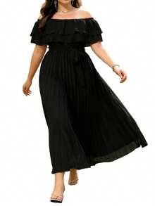 Women's Summer Plus Size Dress Short Sleeve Off Shoulder Solid Color Pleated Long Dresses With Belt - 黑色 - 查看 6