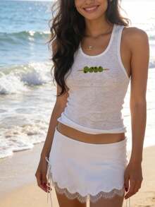 Women's Y2K Beaded Embroidered Ribbed Tank Top Sleeveless Slim Fit Summer Beach Going Out Top - Green - View 3