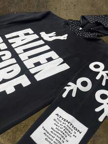 Oversized Black Hoodies Vacation Outfits For Men, Fallen Desire Letter Embroidered Casual Pullover Street Hip-Hop Style Sports Top Valentine'S Day Couple Outfits - 黑色 - 查看 3