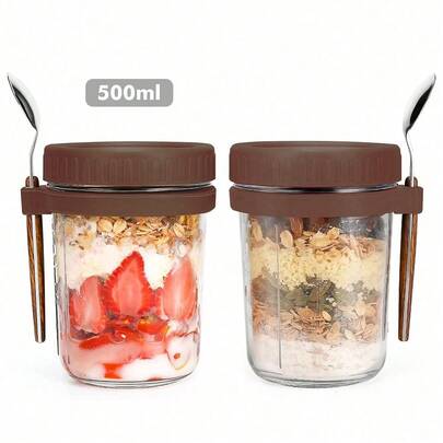 16oz/500ml [1/2 Pack] Overnight Oats Mason Jar With Spoon Lid, Sealed Oatmeal Container With Measurement Markings, Portable Cereal Canister