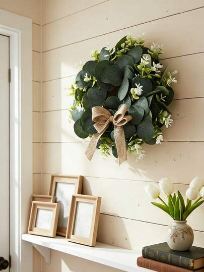 1 pieza Corona de ratán con hojas de eucalipto para decoración de puerta, natural de bosque, ramas y hojas verdes, ornamento colgante para decoración de habitación, anillo de hierba, decoración rústica de boda, regalos, decoración de habitación, decoración del hogar, accesorios del hogar