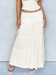 Women's Polka Dot Maxi Skirt Shirred Ruffle Textured Long Skirt High Waisted Boho Flowy Maxi Long Skirts Going Out - 白色 - 查看 1