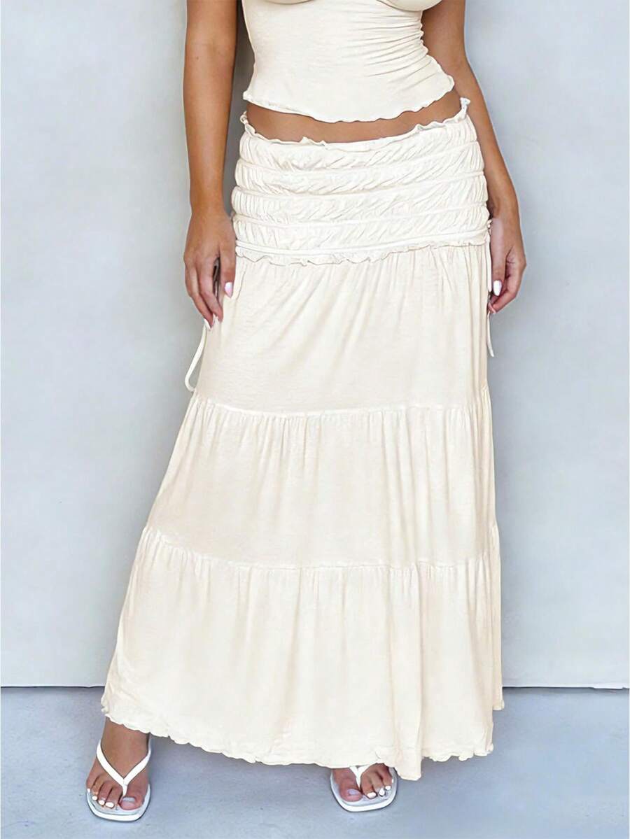 Women's Polka Dot Maxi Skirt Shirred Ruffle Textured Long Skirt High Waisted Boho Flowy Maxi Long Skirts Going Out - 白色 - 查看 1