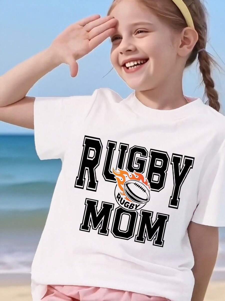 Dziewczęca luźna koszulka z okrągłym dekoltem – nadruk "Rugby Mum", miękka i wygodna letnia koszulka, czarna z pomarańczowo-białymi wzorami, idealna na co dzień, dziewczęca koszulka - Biały - Zobacz 1