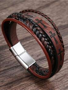 1pc Vintage Hip-Hop Leather Cross Bracelet Versatile For Men Suitable For Daily Wear Birthday Christmas Thanksgiving New Year Gifts - Brown - View 1