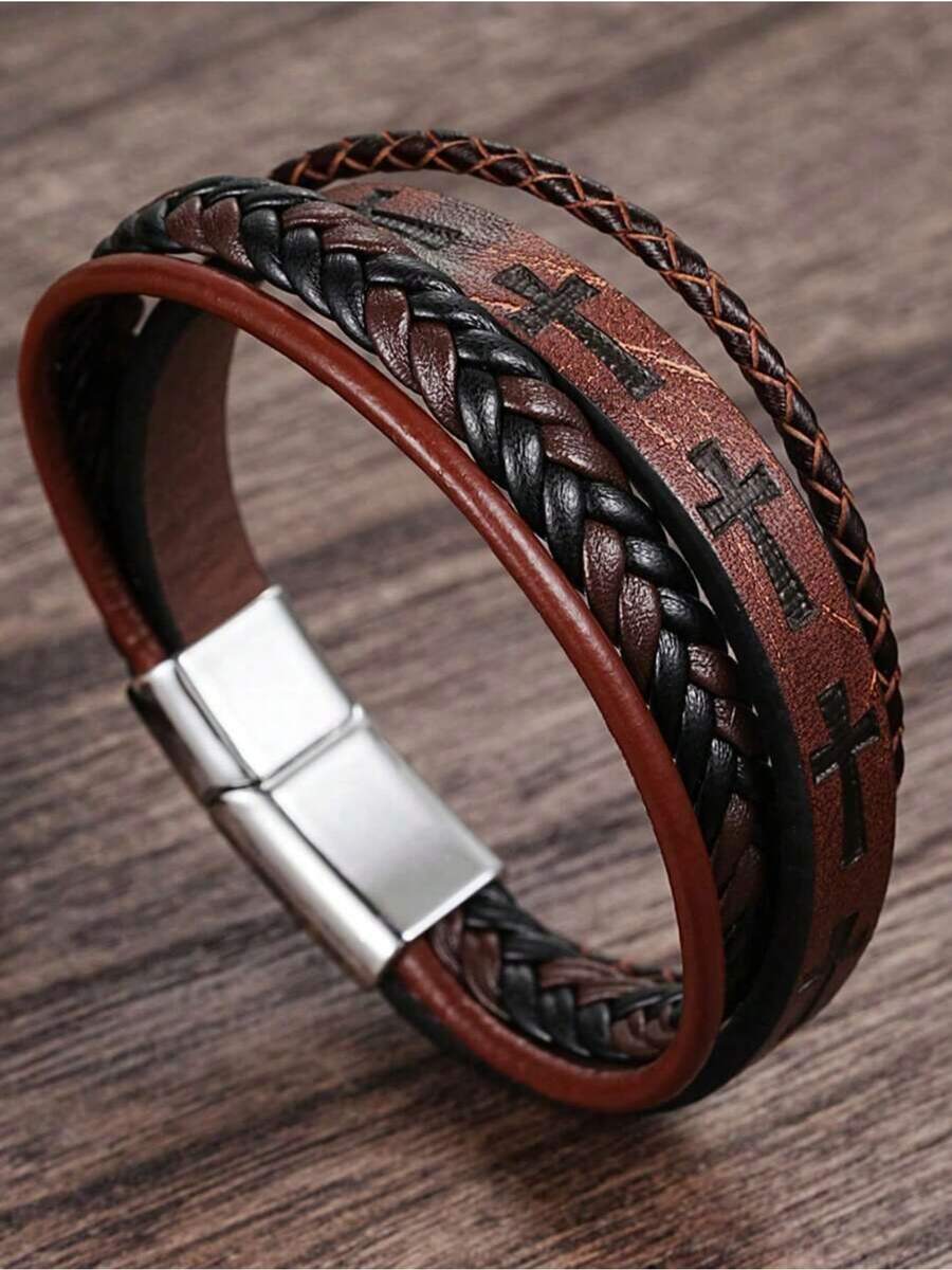1pc Vintage Hip-Hop Leather Cross Bracelet Versatile For Men Suitable For Daily Wear Birthday Christmas Thanksgiving New Year Gifts - Brown - View 1