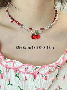 1 pieza Collar con colgante de aleación con cuentas, con diseño de cereza dulce de San Valentín, estilo veraniego y adorable, cadena de clavícula, regalo para mujer/pareja, adecuado para uso diario, fiestas y reuniones - Multicolor - Ver 2
