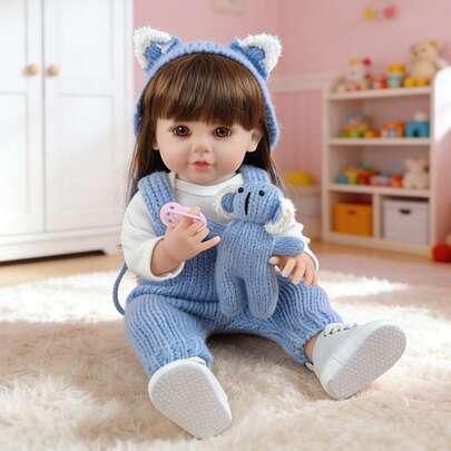 22 Inch Lifelike Brown Haired Reborn Dolls Cute Blue Set Realistic Doll Vinyl Body Toys Very Suitable For Collection And Holiday Gifts