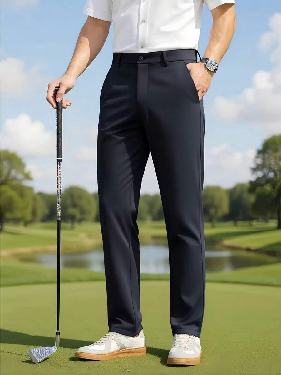 Men's Business Casual Pants, 1-Piece Set - Stretch Polyester Golf Pants, All-Season Wear, Perfect For Daily, Office, Wedding, And Professional Settings - Machine Washable, Wrinkle-Resistant, Slim Fit, Comfortable And Versatile, Stylish Bottoms - 黑色 - 查看 1