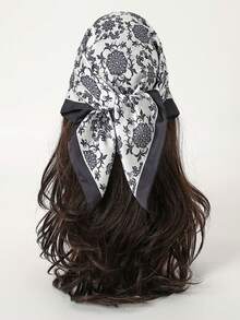 1条简约印花70厘米方形围巾，新款春季女士头巾，多功能腰带、头巾、时尚领巾 - 黑與白 - 查看 1