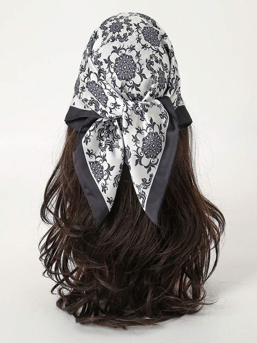 1条简约印花70厘米方形围巾，新款春季女士头巾，多功能腰带、头巾、时尚领巾 - 黑與白 - 查看 1