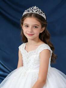 1件银色女孩头饰，水晶头饰皇冠，优雅公主风皇冠带梳子，女孩发箍，适合新娘、婚礼、舞会、生日派对等场合 - 白色 - 查看 3