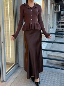 Jupe longue en satin vintage pour femmes, taille élastique, couleur unie, décontractée et élégante, pour le trajet, la rue, le bureau, style dame - Marron fonçé - Voir 2