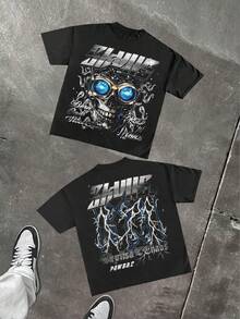 Cyberpunk "SKULLS" Tee: Mechanical Skull Art Y2k Style Tee (220g Cotton T-Shirt) Printed T-Shirts, Unisex T-Shirts, Casual And Comfortable To Wear Men's Summer Round Neck Short Sleeve T-Shirts, Fashion Printed T-Shirts, Uni T-Shirts, Casual And Comfortable To Wear Vintage - Style Graphic T - Shirt - 黑色 - 查看 1