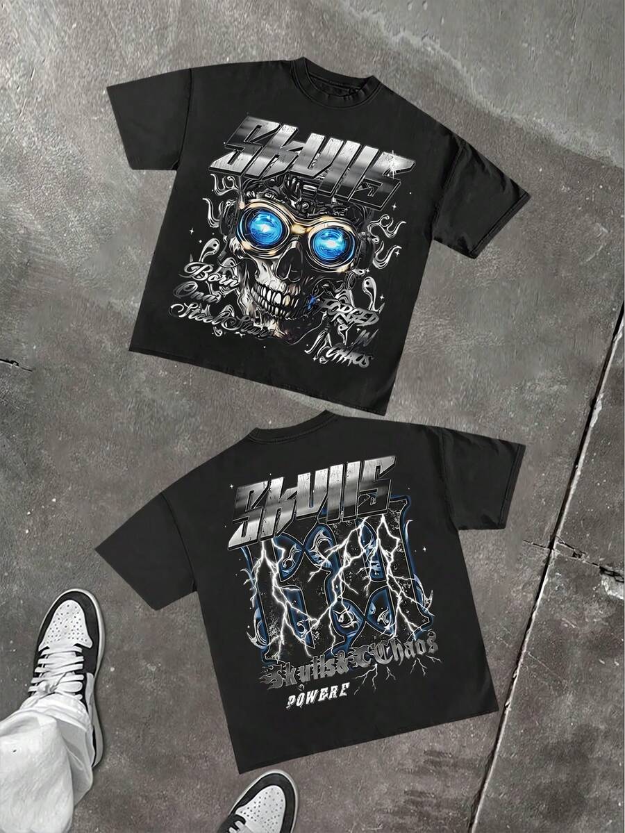 Cyberpunk "SKULLS" Tee: Mechanical Skull Art Y2k Style Tee (220g Cotton T-Shirt) Printed T-Shirts, Unisex T-Shirts, Casual And Comfortable To Wear Men's Summer Round Neck Short Sleeve T-Shirts, Fashion Printed T-Shirts, Uni T-Shirts, Casual And Comfortable To Wear Vintage - Style Graphic T - Shirt - 黑色 - 查看 1
