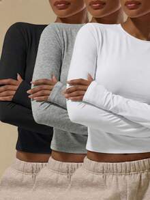 女士Y2K优雅百搭春秋字母印花四领长袖短款修身T恤，印花圆领长袖褶皱修身T恤，适合夏季和秋冬季节 | 辣妹 | Y2K甜美女孩修身粉色上衣 | 春季时尚，简约风格，顺滑面料，时尚女式衬衫 - 黑+白+淺灰 - 查看 2