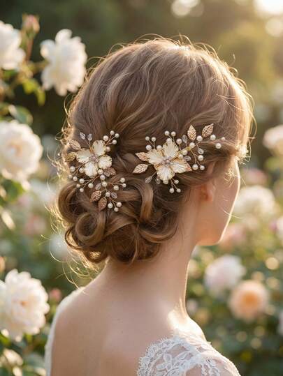 2pcs Vintage French Style Cream Floral Hair Grip, Fairy Pearl Vine Side Clip, Romantic Handmade Bridal Hair Jewelry Gift