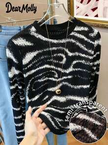 Camiseta de manga larga de cuello redondo ajustada con textura y estampado de cebra semitransparente DEAR MOLLY para mujer - Multicolor - Ver 1