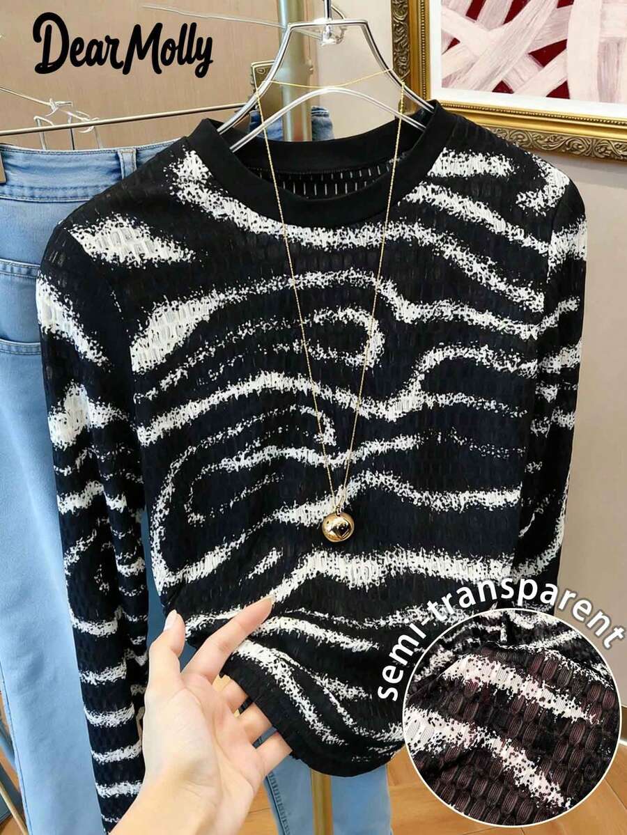Camiseta de manga larga de cuello redondo ajustada con textura y estampado de cebra semitransparente DEAR MOLLY para mujer - Multicolor - Ver 1