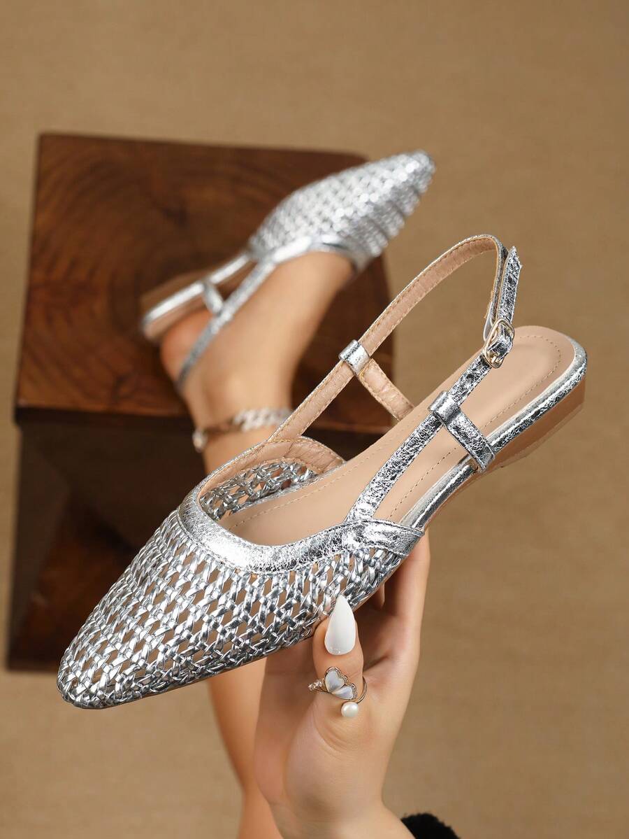 Women's Silver Metallic Woven Criss-Cross Strap Flats - Low Heel Pointed Toe Silver Mesh Hollow Out Sandals With Ankle Strap
