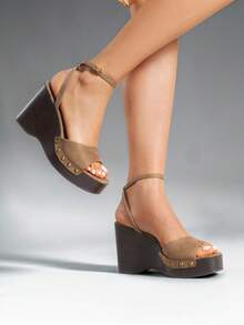 Women's Heeled Sandals Dressy 3.94-InchPlatform Square-Toe Ankle Buckle Studded Fashion Elegant Sandals For Outdoor Spring/Summer Shoes - Khaki - View 3