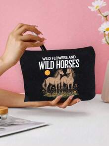Wild Flowers And Wild Horses Pattern Makeup Bag, Cartoon Fun Multi Functional Canvas Bag, Charger Storage Bag,Travel Essential Makeup Bag: Girls' Travel Survival Bag, Men's And Women's Zipper Bag, Cosmetics, Makeup And Travel Essential Lightweight Reception Bag, Perfect Gift For Teenagers, Birthday And Travel Accessories,Holiday Gifts - Multicolor - View 5