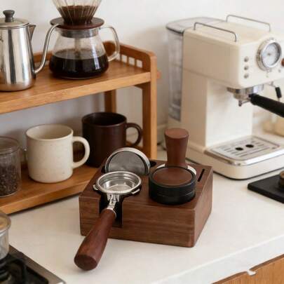 1个木制方形咖啡压粉器支架，大号咖啡工具收纳盒，适用于51/53/58毫米家用和商用咖啡机，咖啡机手柄底座，用于存放压粉器、抹布、粉末分配器和压粉垫