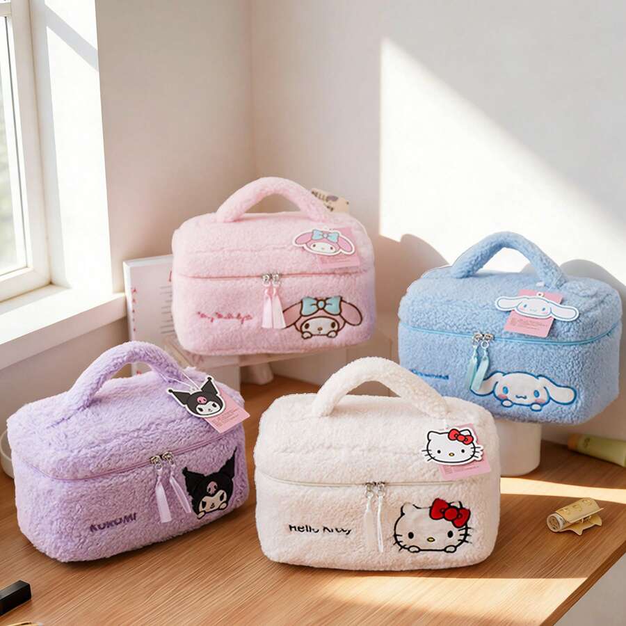 1pc Teddy Plush Embroidered Cosmetic Bag, Cartoon Large Capacity High-Quality Soft Fuzzy Makeup Storage Pouch, Autumn/Winter - Multicolor - View 1