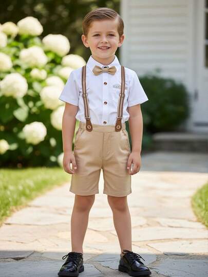 BOARNSEORL 2pcs Young Boys Gentleman Outfit - White Shirt With Bowknot And Khaki Suspender Shorts, Stylish Formal Wear Suitable For Baby Shower, Birthday Party, Wedding, Ring Bearer