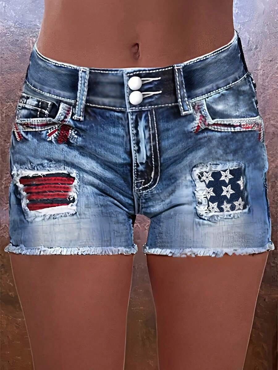 Plus-Size Women's High-Waisted Denim Shorts, Featuring Fashionable Back Pocket Embroidery With Frayed Edges, Suitable For Campus, Daily Wear, And Washable Stretchy Plus-Size Women's Skinny Jeans. - 中等水洗藍 - 查看 1