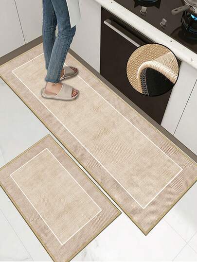3.5毫米厚软橡胶亚麻厨房地垫，现代简约风格吸水地毯，包边设计防止脱皮，吸水易清洁，亚麻表面中间填充海绵，底部为橡胶材质，适用于厨房、家居装饰、浴室、玄关、洗衣房、走廊、客厅等场所。