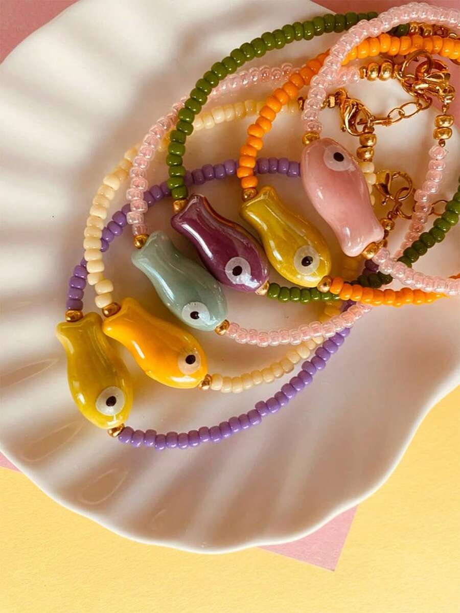 1 chiếc vòng tay hình cá làm từ hạt thủy tinh, trang sức vòng tay đính hạt phong cách Boho mùa hè dành cho nữ (Cá làm thủ công bằng gốm sứ, bọt khí và đốm đen trên bề mặt là hiện tượng bình thường, không phải vấn đề về chất lượng) - Nhiều màu - Xem 1